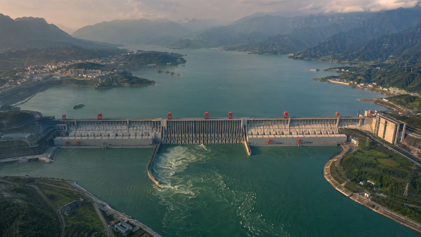 Aerial view of the Three Gorges Dam spanning the wide Yangtze River in China, the vast concrete wall cutting across the gorge with the reservoir stretching back into misty mountains