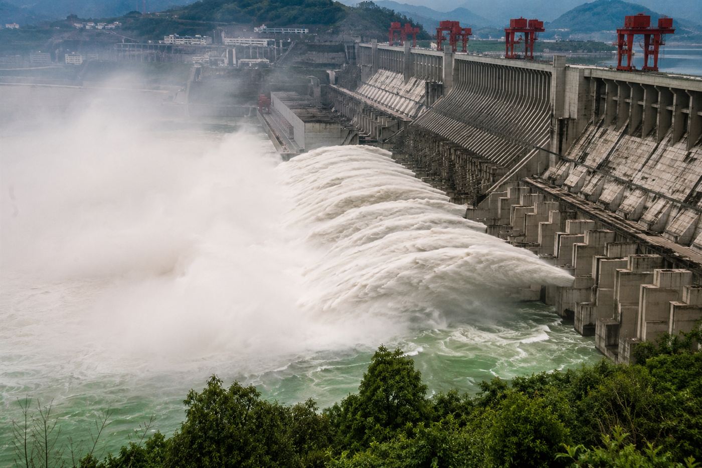 The Three Gorges Dam with multiple massive spillways open, enormous white jets of water cascading down the concrete face into the churning Yangtze River below, the scale of the structure made visible
