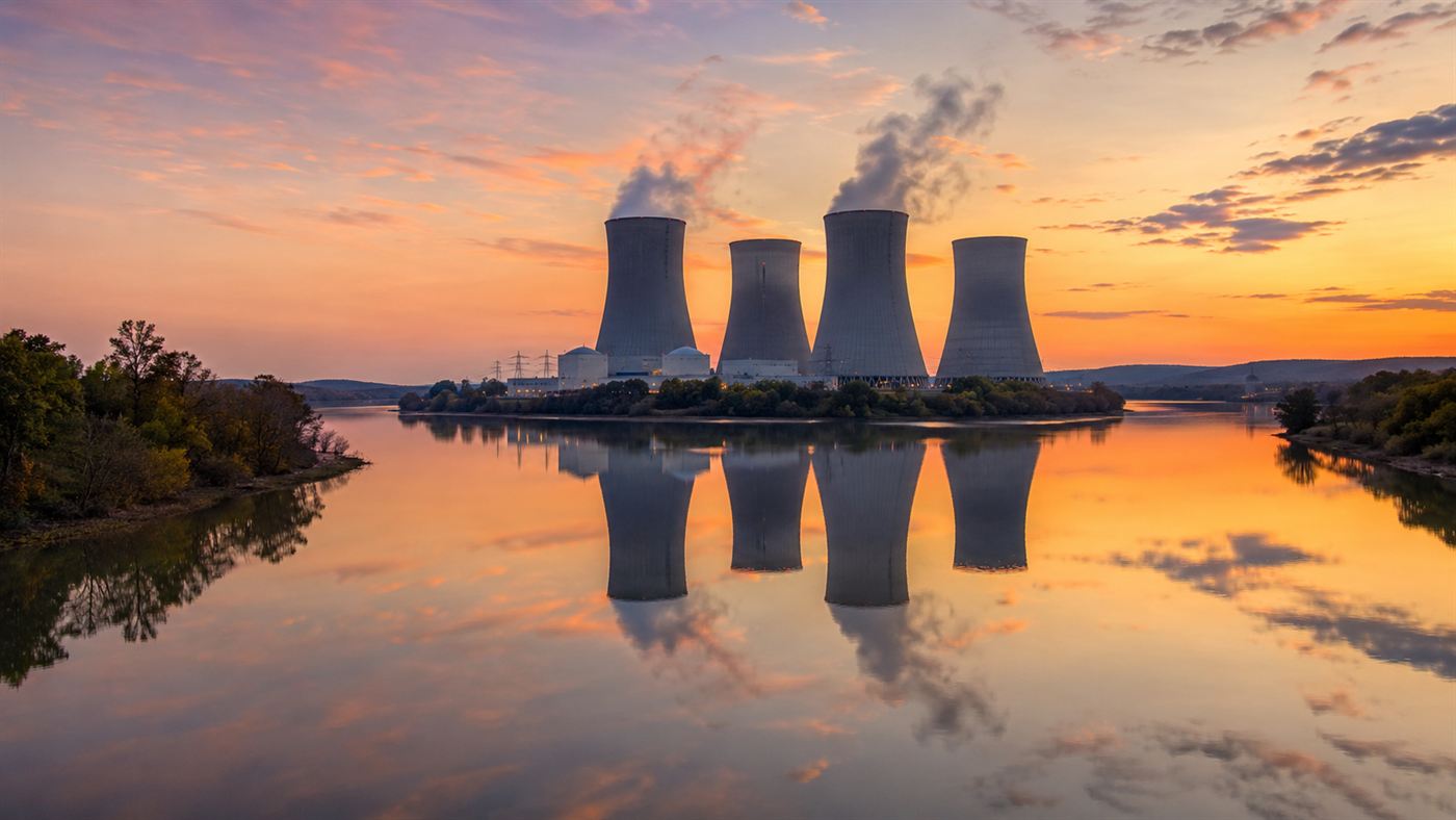 The cooling towers of the Three Mile Island nuclear plant reflected in a calm river at dusk