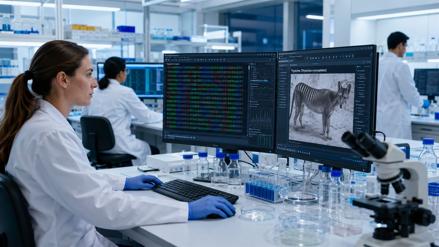 Scientists in a genetics lab working with DNA data and a thylacine reference image on screen