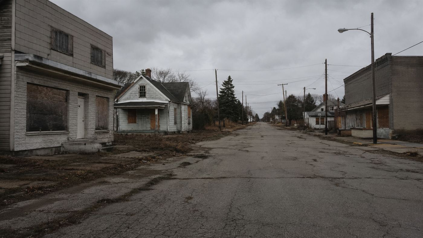 The abandoned streets and boarded houses of Times Beach, Missouri awaiting demolition