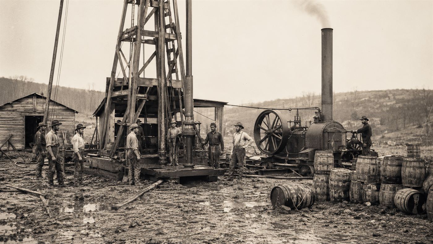 Workers around a wooden oil derrick with a steam engine and iron drive pipe near Titusville in the 1860s
