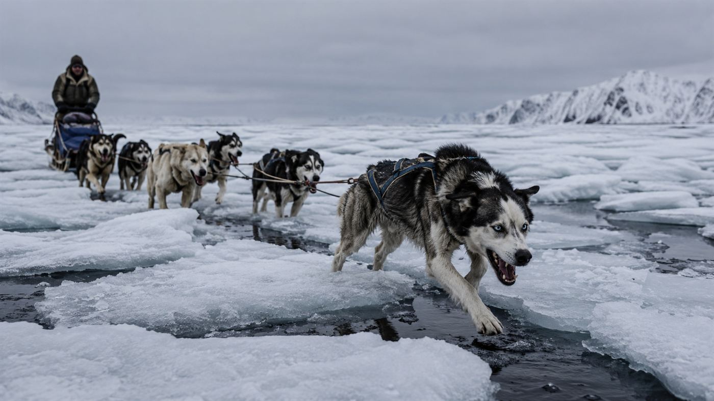 A lead husky pulling a sled team across cracked sea ice with open water, like Togo crossing Norton Sound