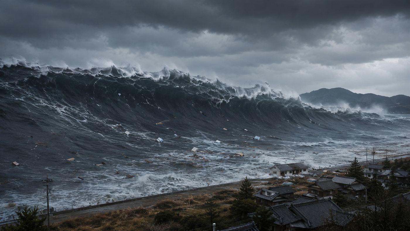A huge dark tsunami wave from the 2011 Tohoku earthquake surging toward the Japanese coast carrying debris