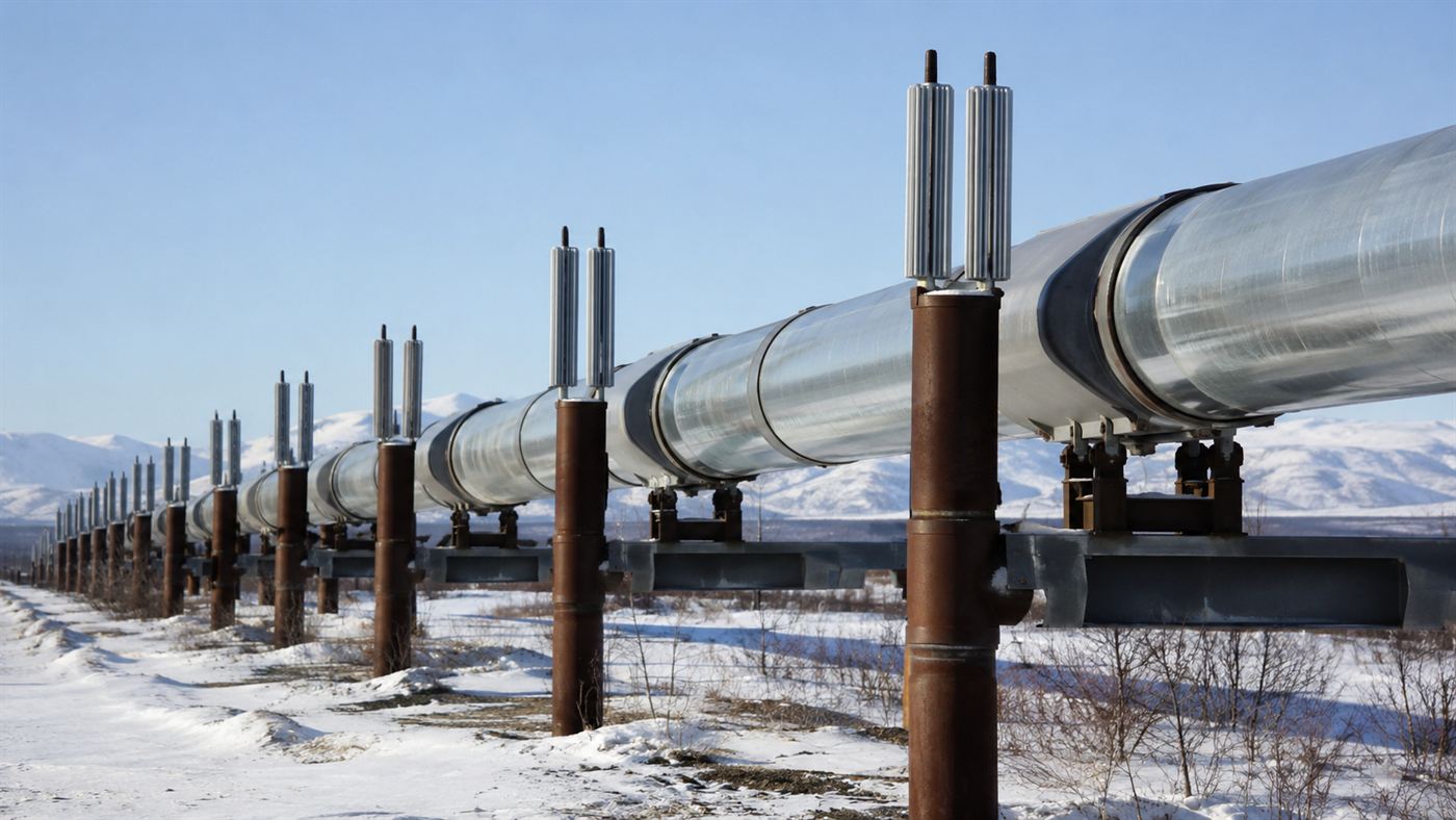 Vertical support posts of the Trans-Alaska Pipeline topped with finned aluminium heat-pipe radiators to keep permafrost frozen