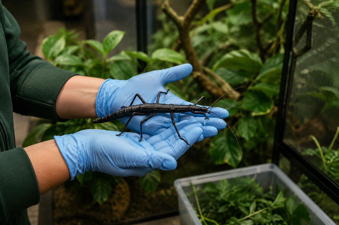 A conservation keeper's gloved hands holding a large black stick insect at a zoo breeding program