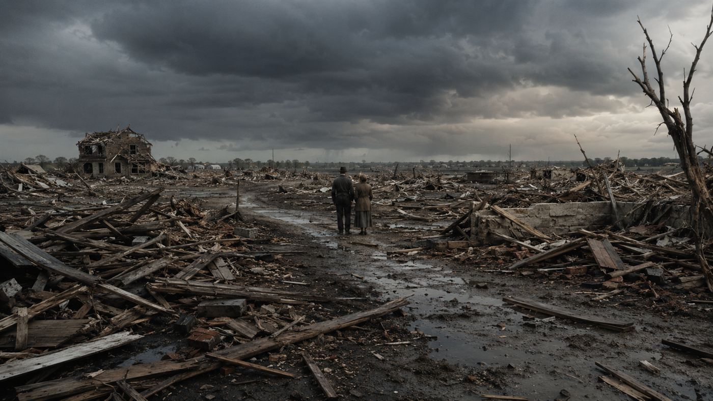 A Midwestern town flattened into splintered wood after the 1925 Tri-State Tornado under a dark churning sky