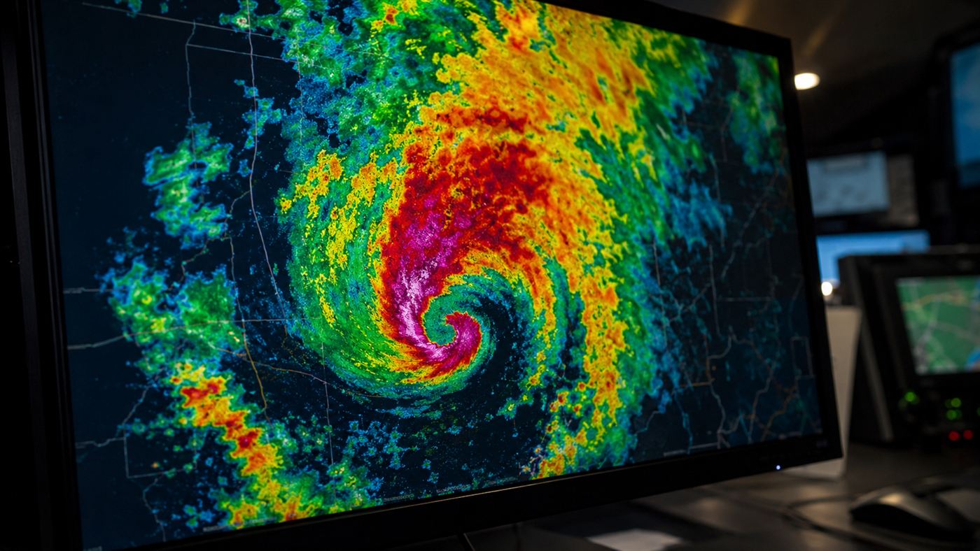 A modern weather radar screen showing the hook echo of a supercell storm, the technology born after disasters like 1925