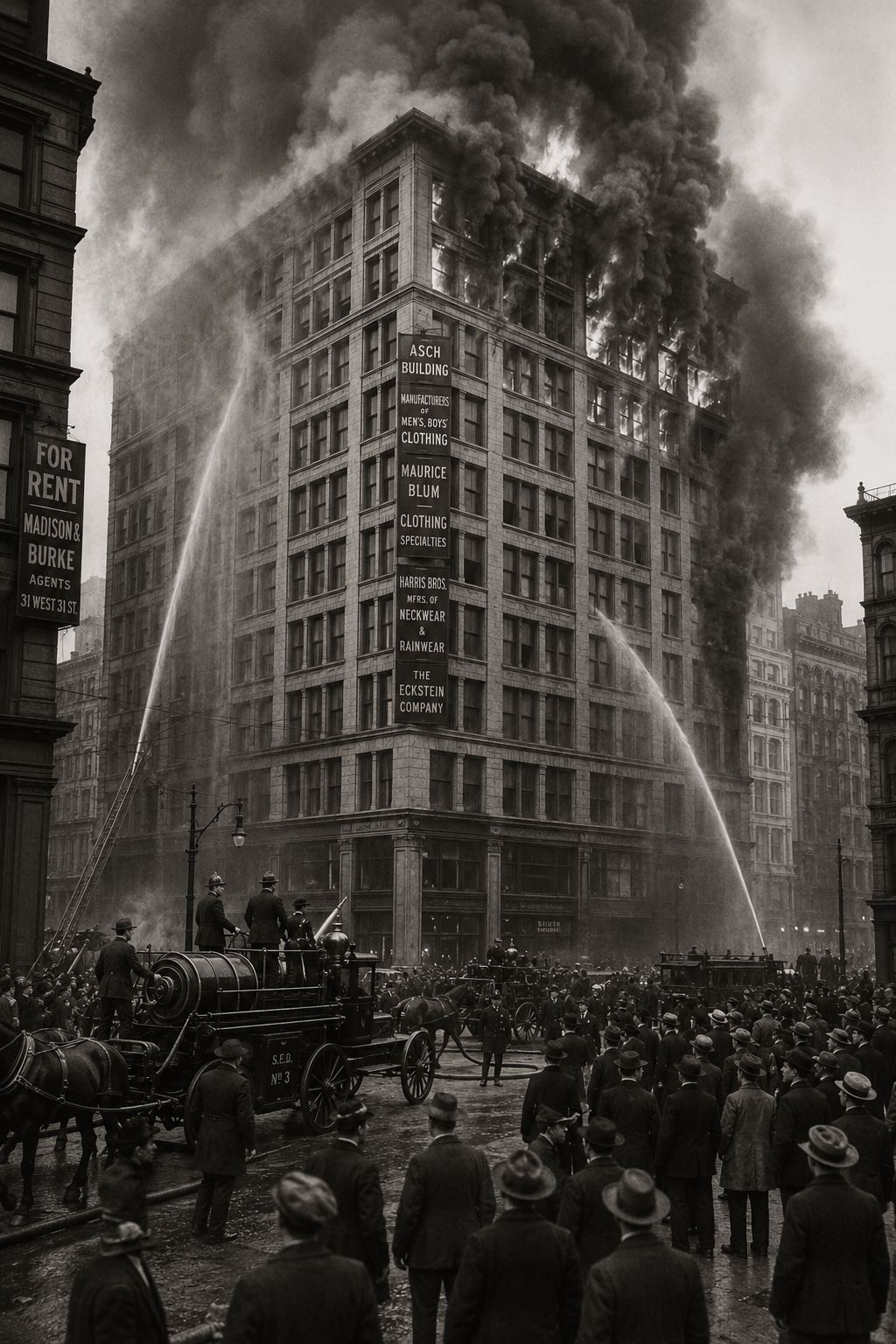 The Triangle Shirtwaist factory fire burning in the Asch Building on Washington Place in New York City on March 25 1911, smoke and flames pouring from upper floors, crowds gathering on the street below