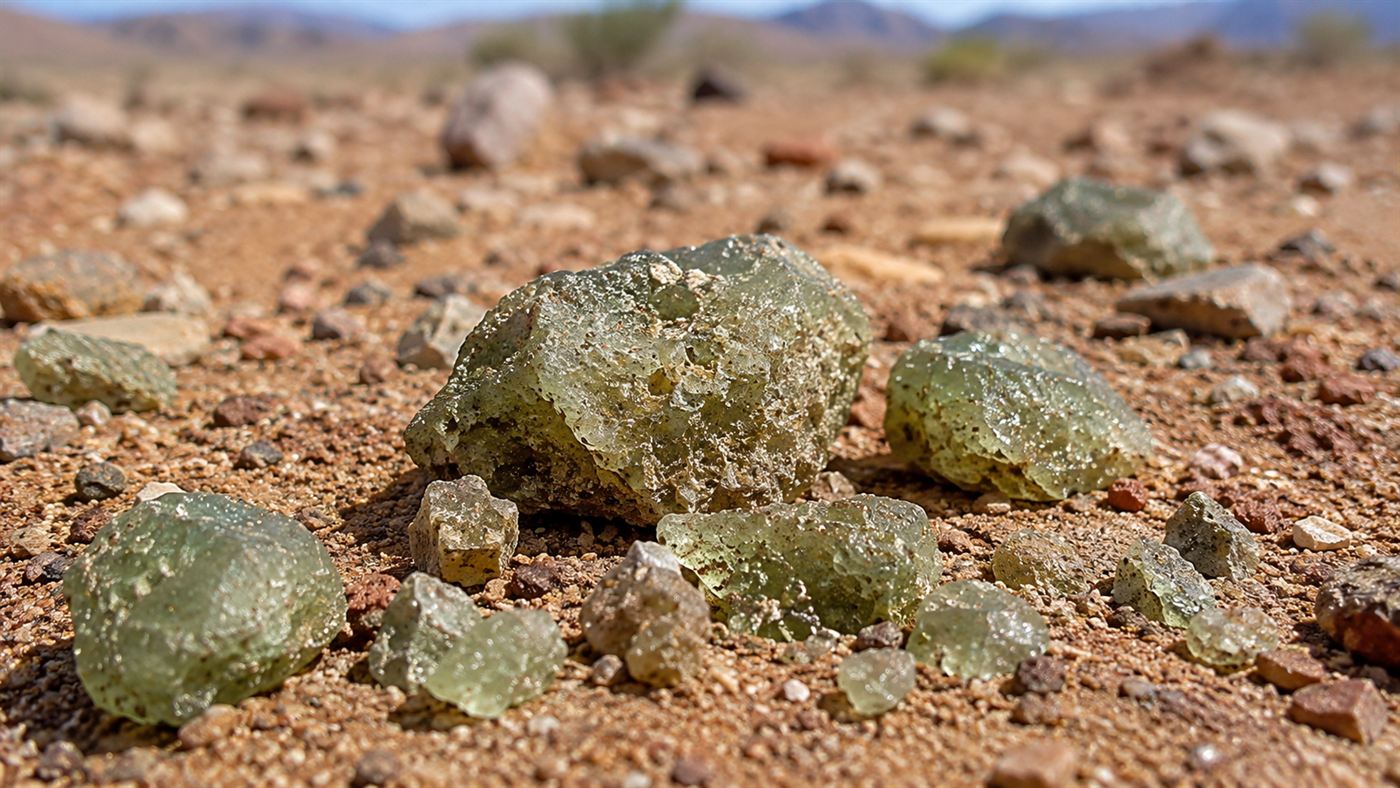Close-up of pale green glassy fused sand called trinitite scattered on reddish desert ground after the Trinity test
