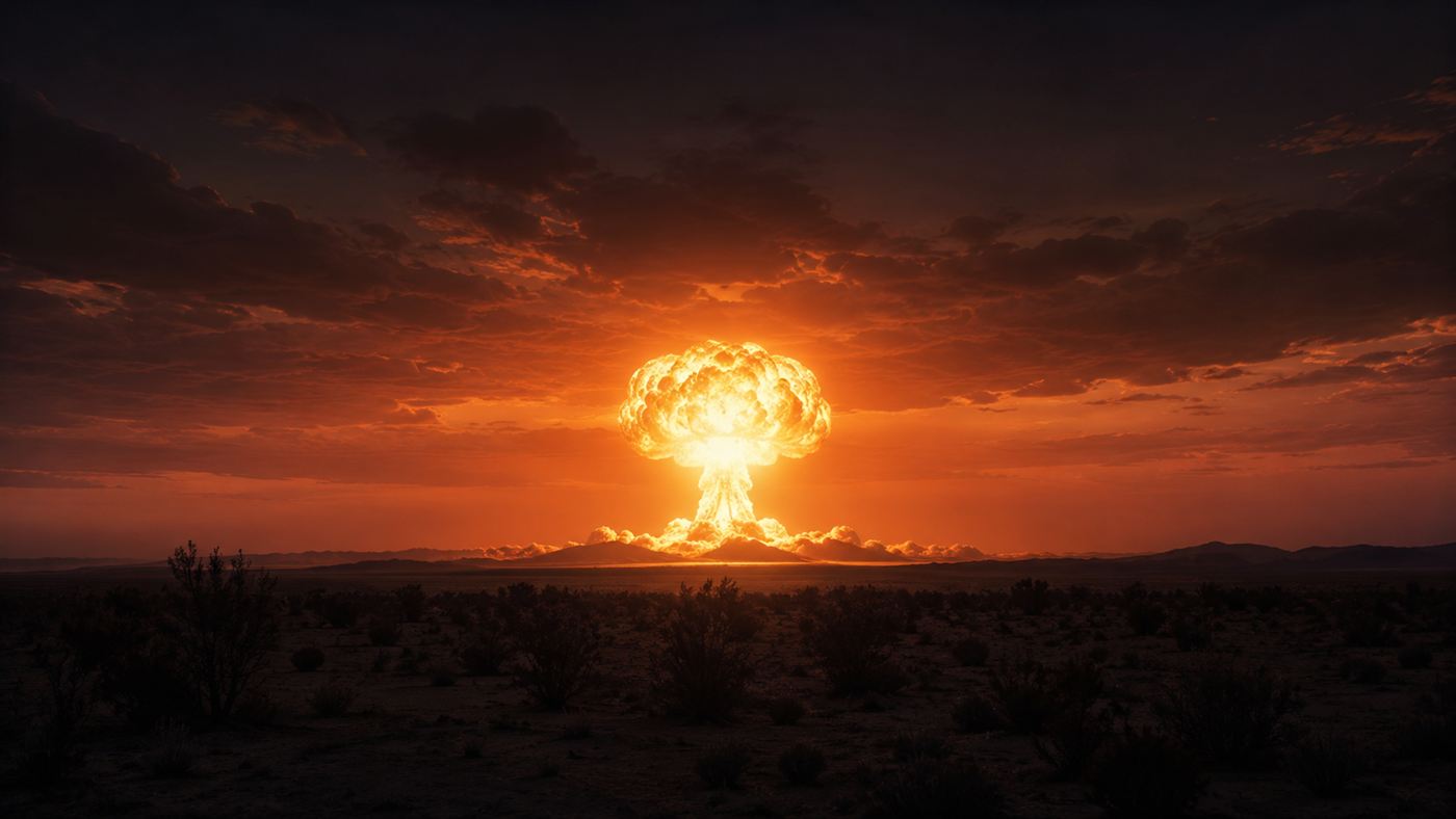 The Trinity test fireball, a brilliant orange-white dome of light rising over the dark New Mexico desert horizon before dawn in 1945