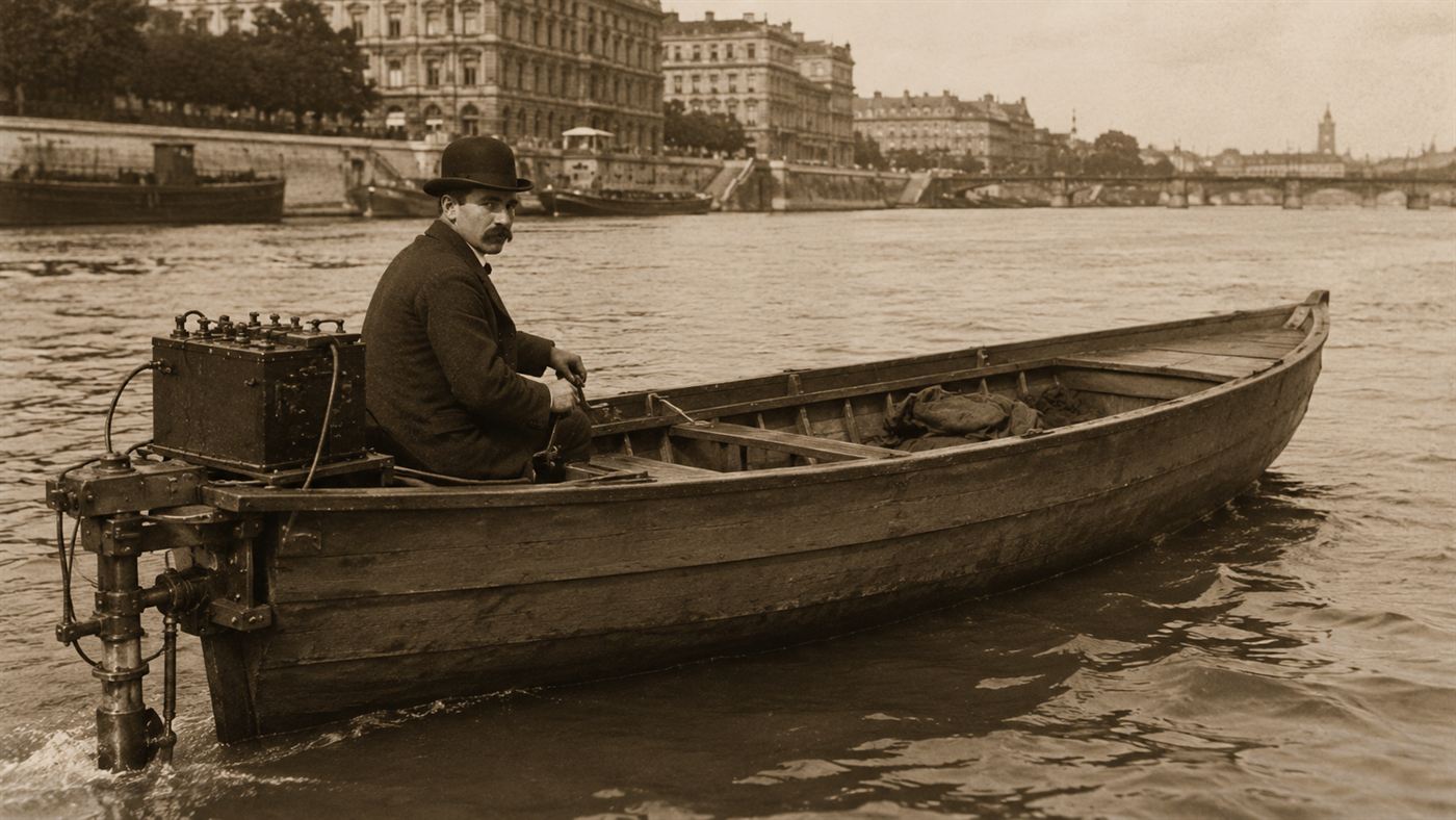 A small 19th-century electric boat with a removable battery motor on the River Seine in Paris