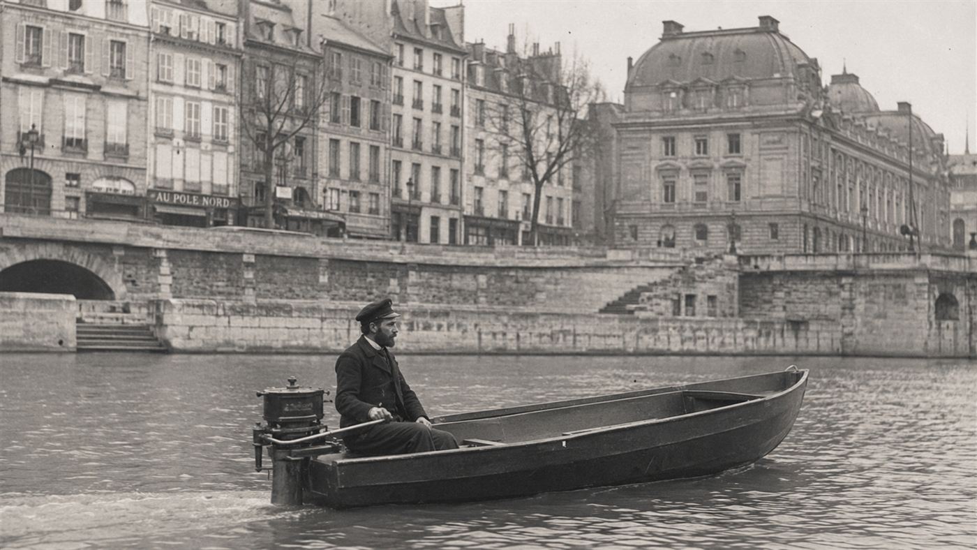 An 1881 electric boat with a detachable motor moving along the Seine in Paris
