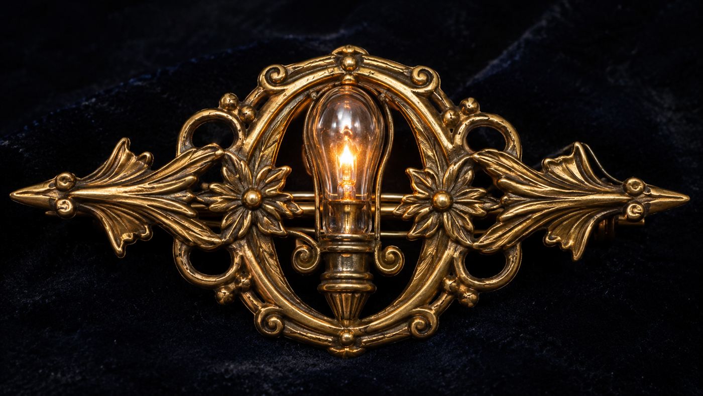 Ornate Victorian electric jewellery with a tiny glowing bulb, an invention linked to Gustave Trouve