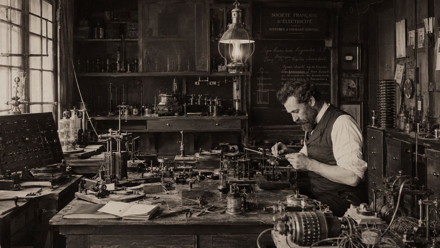 The cluttered Paris workshop of inventor Gustave Trouve, full of batteries, motors and instruments