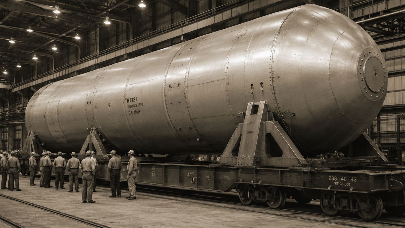 The huge metal casing of the Tsar Bomba on display, dwarfing the people standing beside it