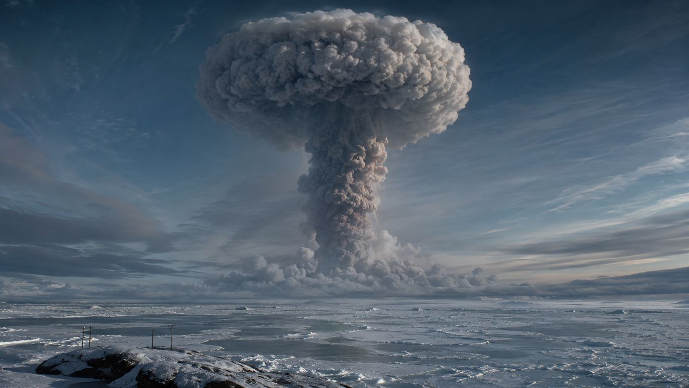 An enormous nuclear mushroom cloud from the Tsar Bomba rising high over the Arctic