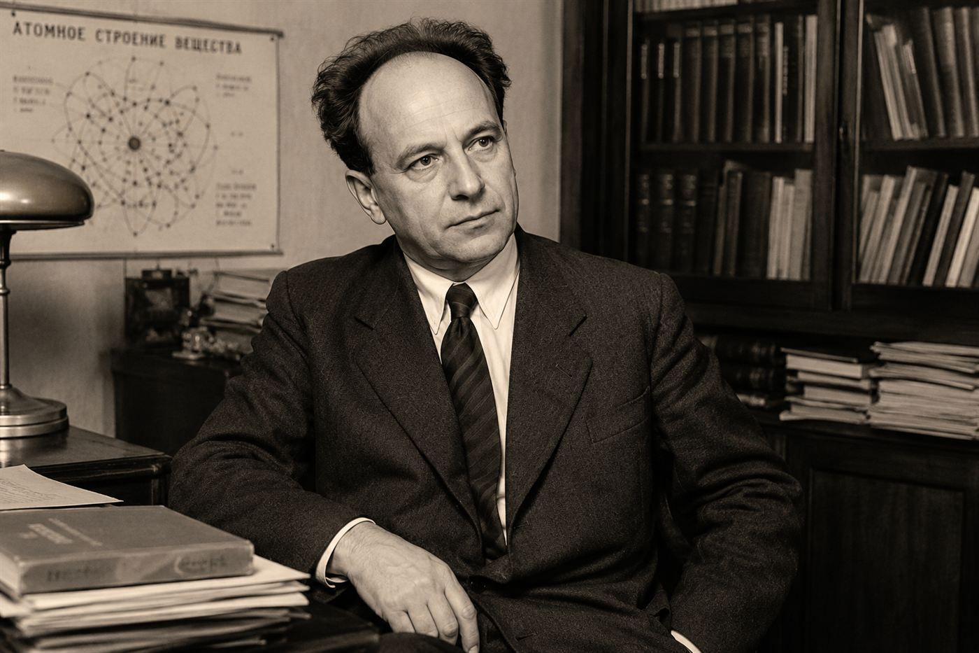A thoughtful mid-20th-century physicist in a plain suit, representing Andrei Sakharov