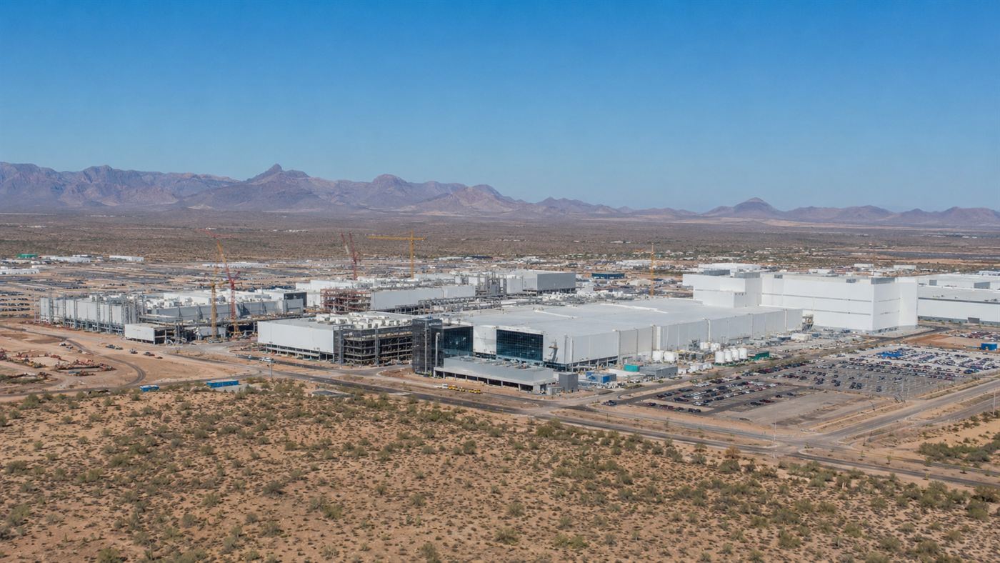 A vast modern semiconductor chip factory complex spread across the desert near Phoenix