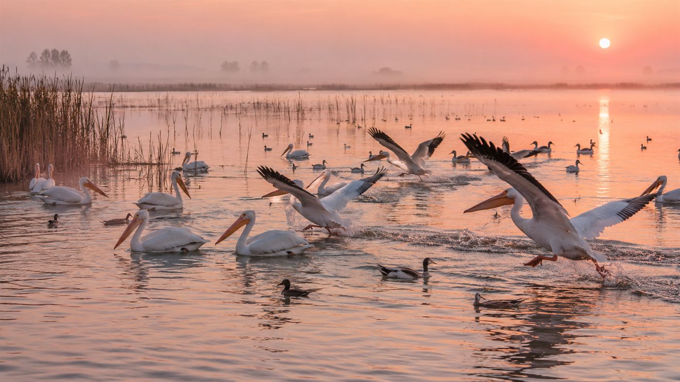 White pelicans and waterbirds gather on the returned lake at dawn where dry California farmland stood a year earlier