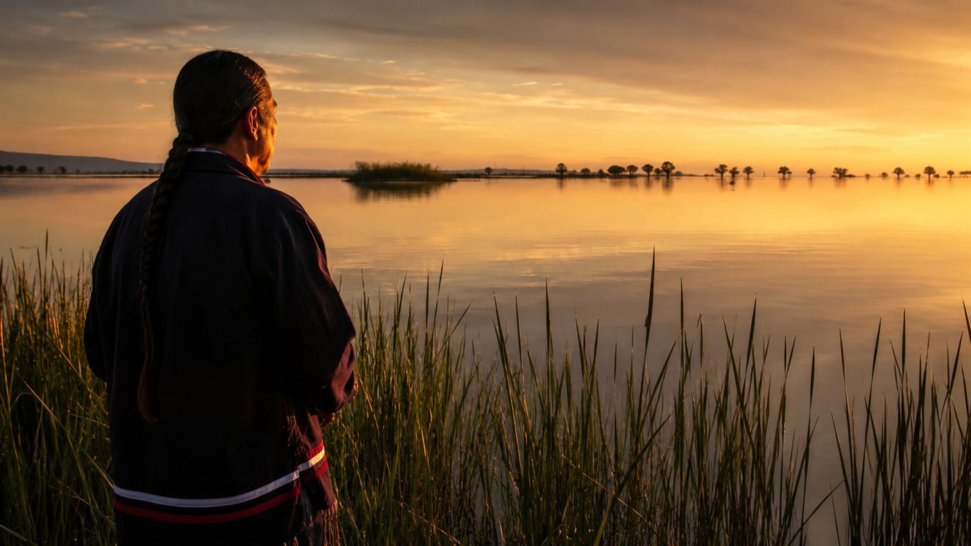 A Tachi Yokut man stands at the edge of the returned Tulare Lake at golden dusk, tule reeds along the flooded shore