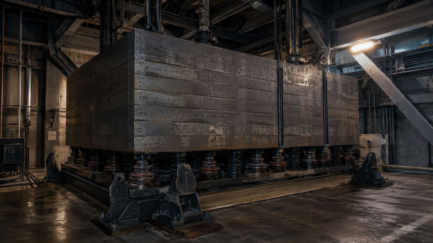 A massive steel and lead counterweight block resting on lubricated plates inside a skyscraper mechanical floor