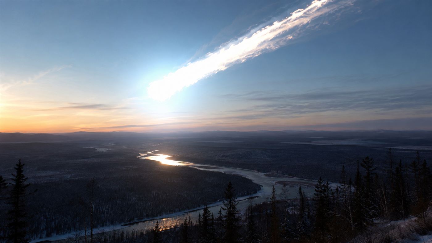 A blue-white fireball streaking across the dawn sky over a Siberian river just before the Tunguska explosion