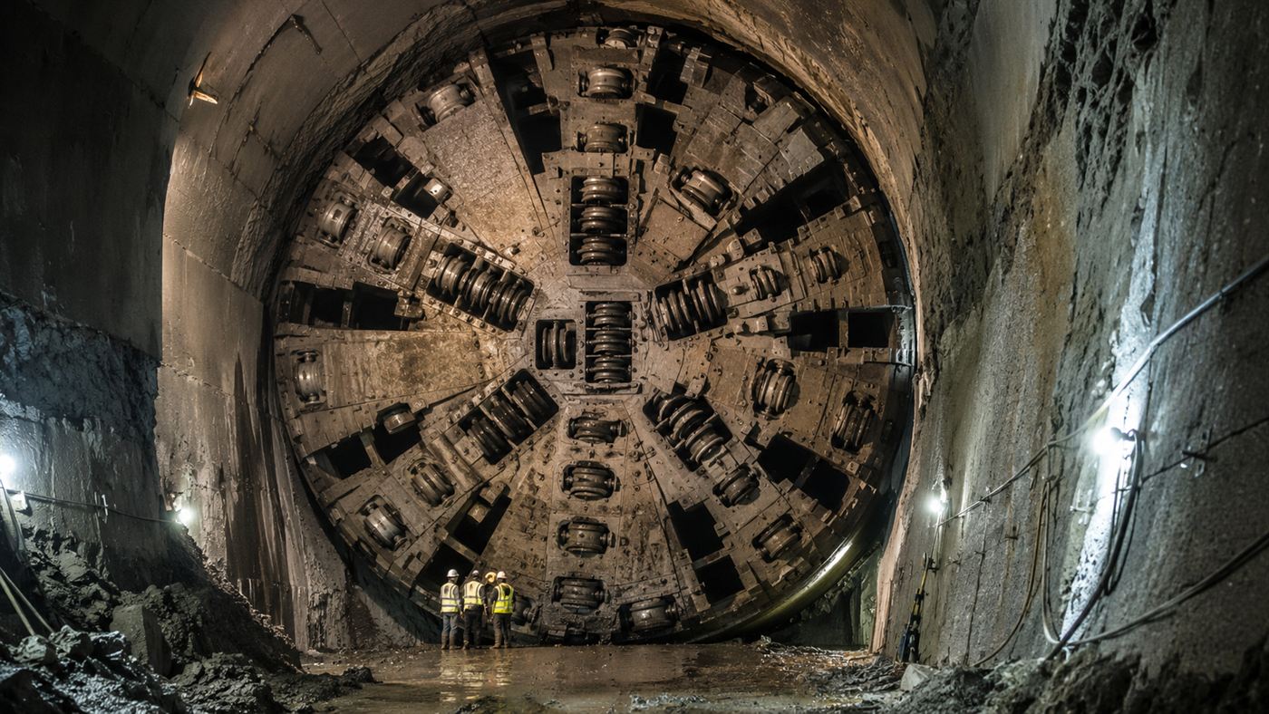The huge circular cutterhead of a tunnel boring machine underground studded with cutting discs