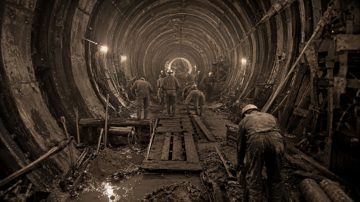 Workers building a large circular underwater tunnel lined with iron rings in the 1920s