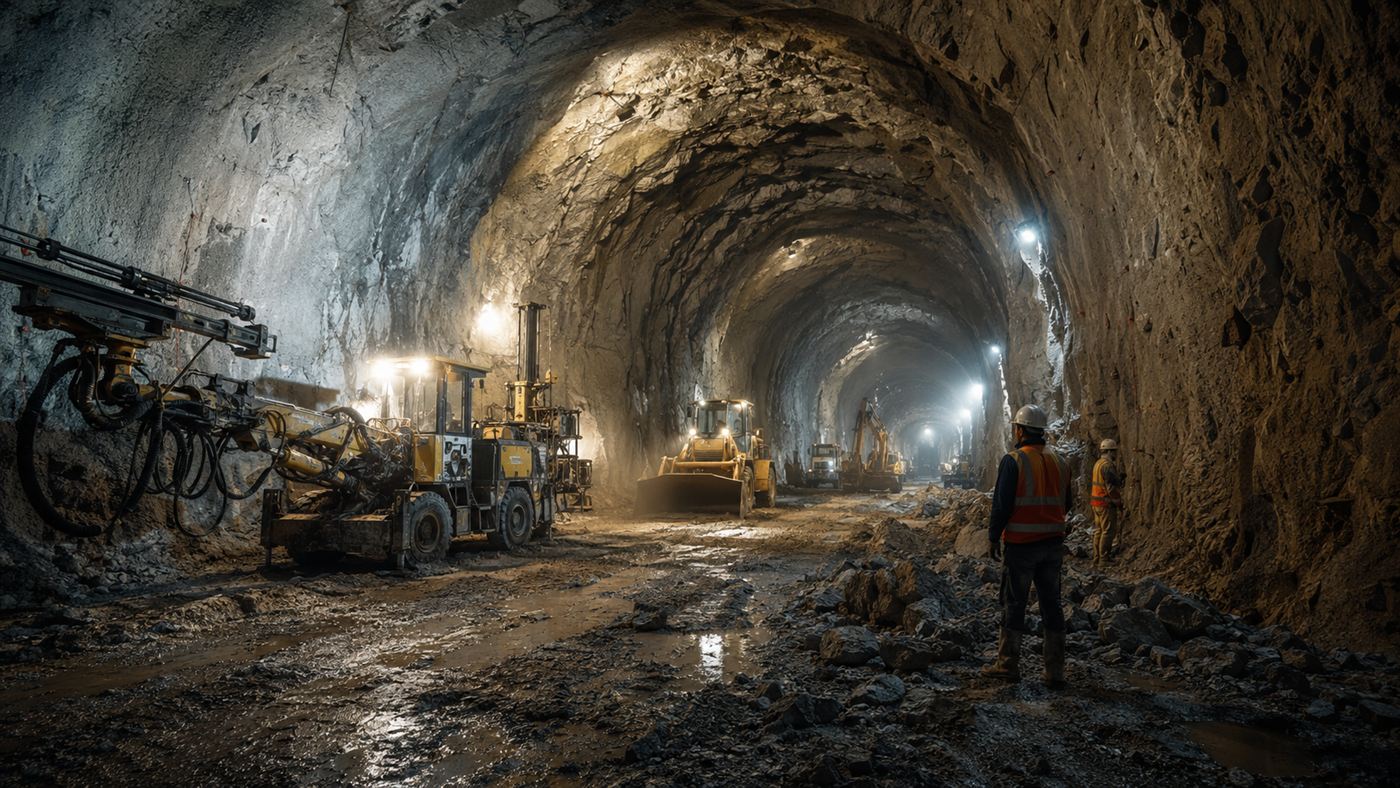Workers and heavy machinery inside a rough rock tunnel under construction lit by work lamps