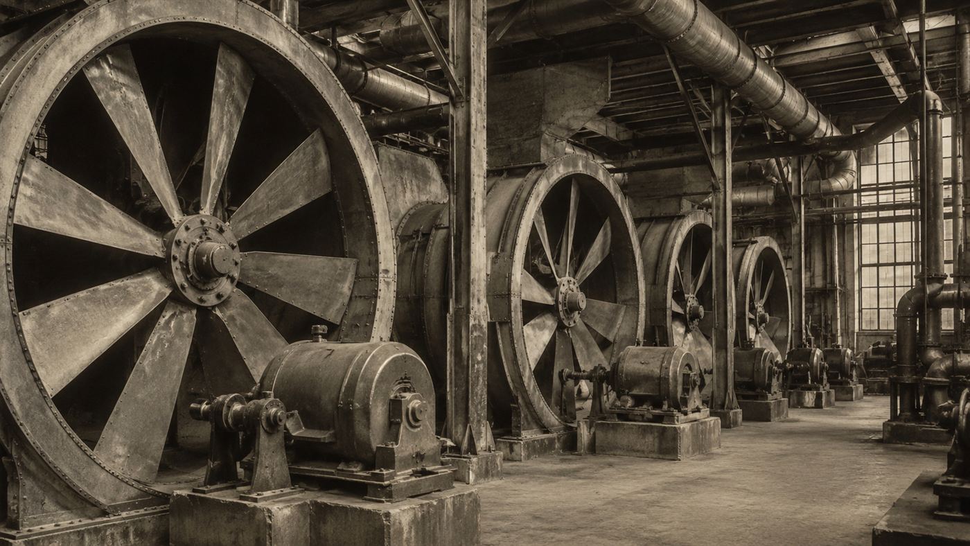 A hall of enormous industrial ventilation fans inside a 1920s ventilation building