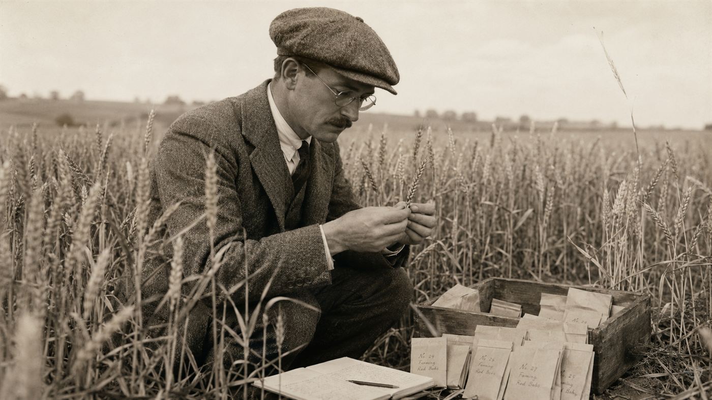 A 1920s botanist examining ears of wheat and collecting seeds into paper packets in a field