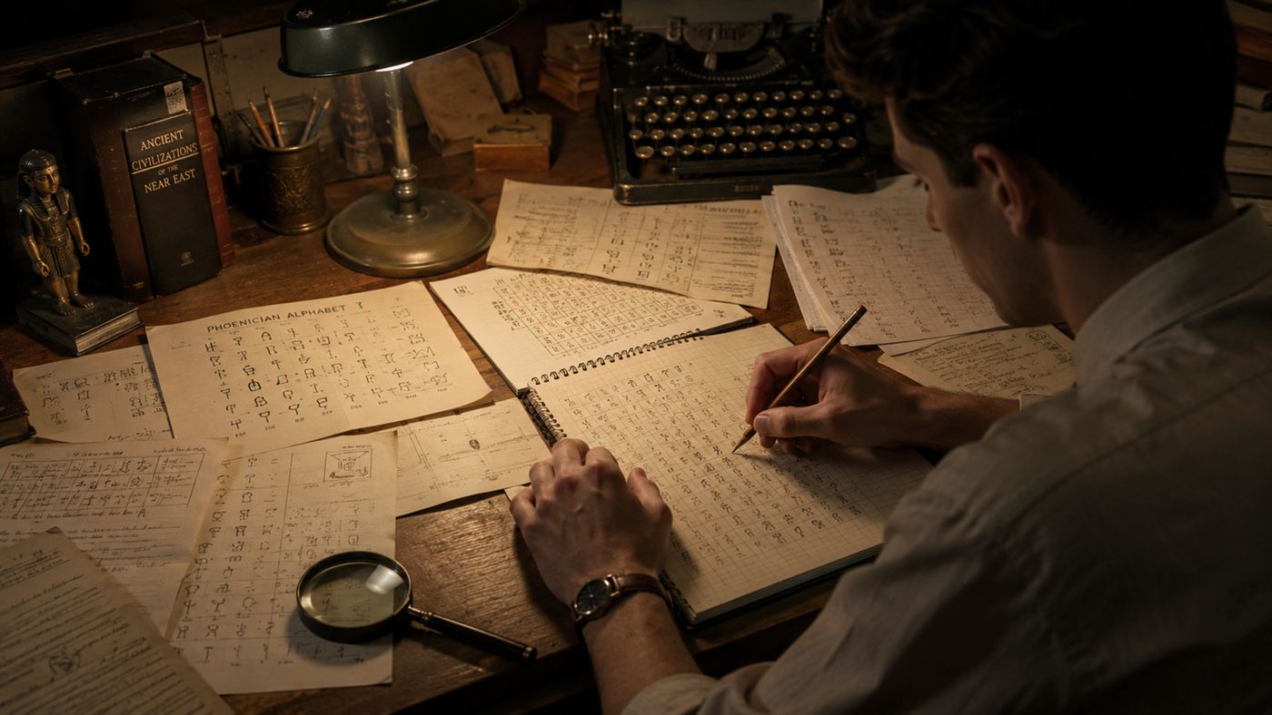 A 1950s desk by lamplight covered in hand-drawn grids of ancient symbols and notes