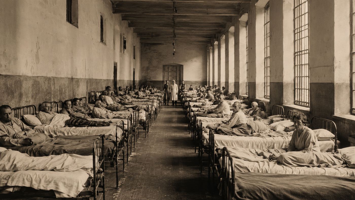 A long, crowded and bleak 1940s psychiatric asylum ward lined with metal beds under high windows