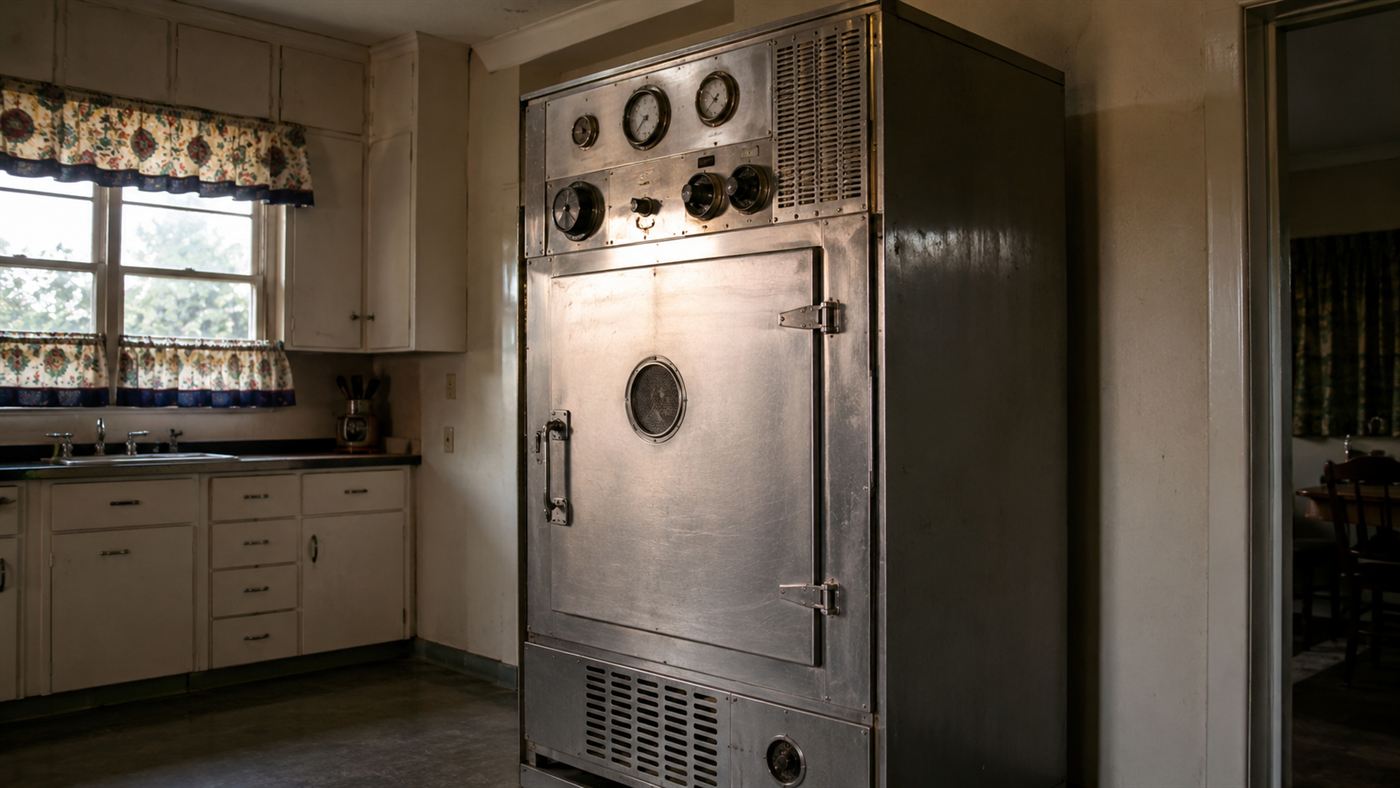 An enormous early commercial microwave oven from the late 1940s, a tall metal cabinet with dials in a mid-century kitchen