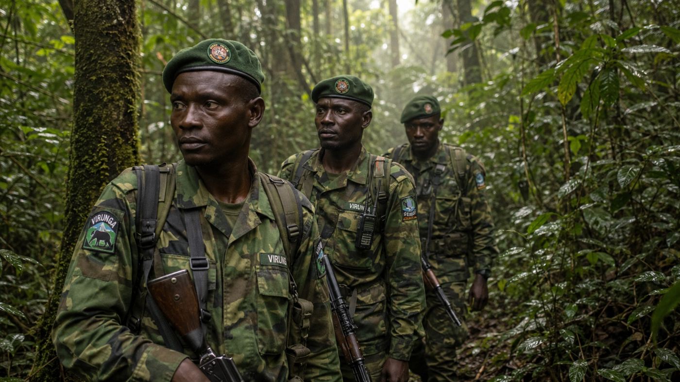 Virunga National Park rangers in green uniforms on foot patrol through dense tropical forest in the Democratic Republic of Congo, protecting endangered mountain gorillas from poachers