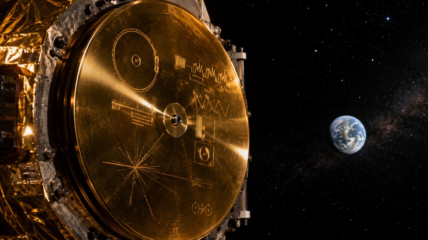 The Voyager Golden Record, a gleaming gold disc with engraved cover, mounted on a spacecraft against deep starry space