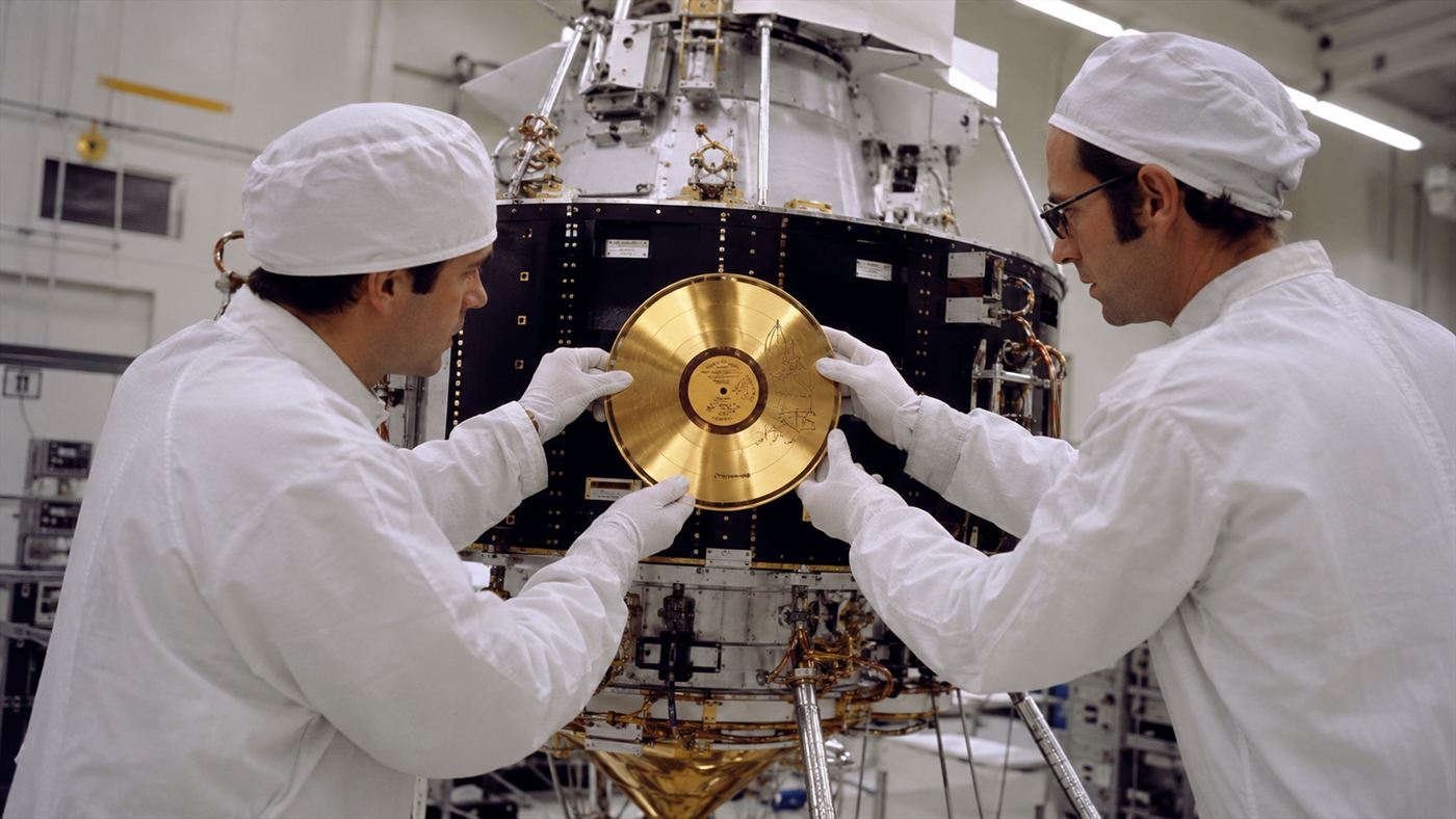 Engineers in white clean-room suits attaching the Voyager Golden Record to a 1970s space probe in a laboratory