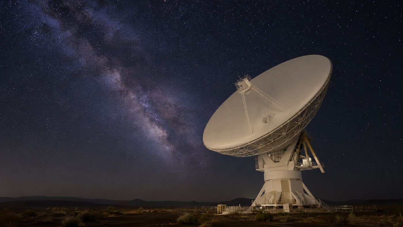An enormous white Deep Space Network radio dish antenna pointed at a star-filled night sky, listening for a deep space probe
