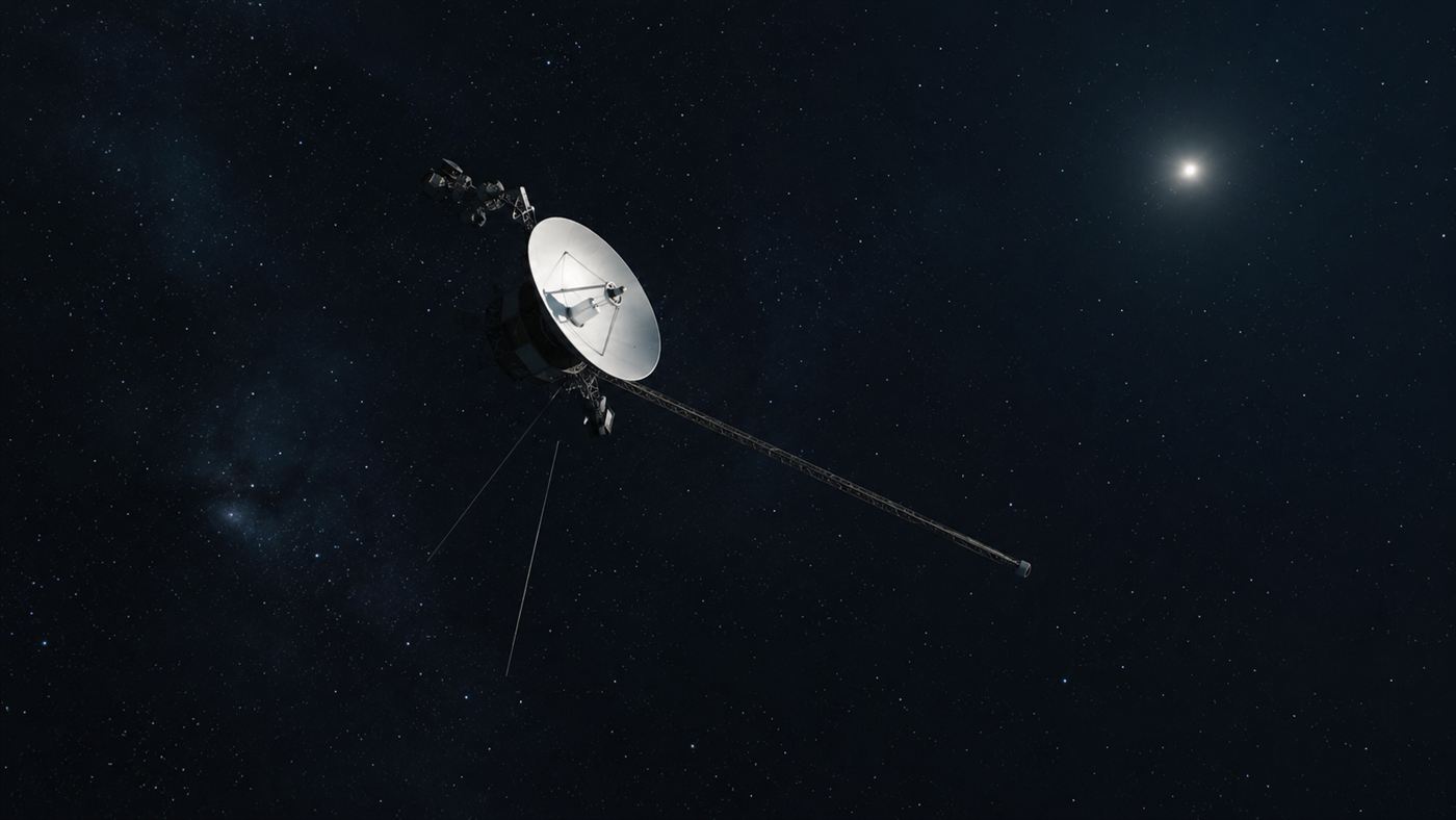 A lone 1970s space probe drifting through interstellar space among a vast field of stars, carrying the Voyager Golden Record