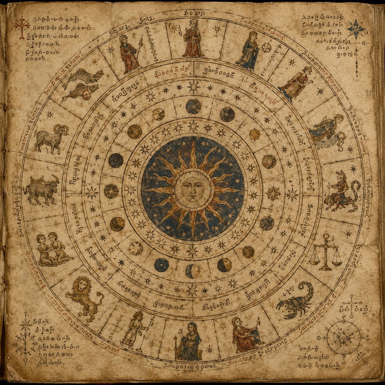 A circular astronomical or zodiac diagram from the Voynich manuscript surrounded by unknown writing