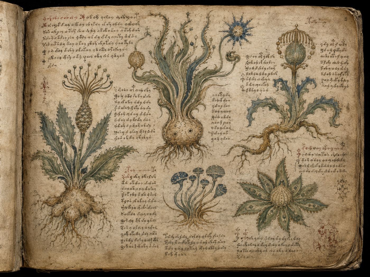 Fantastical unidentified plants drawn in faded colour on a page of the Voynich manuscript