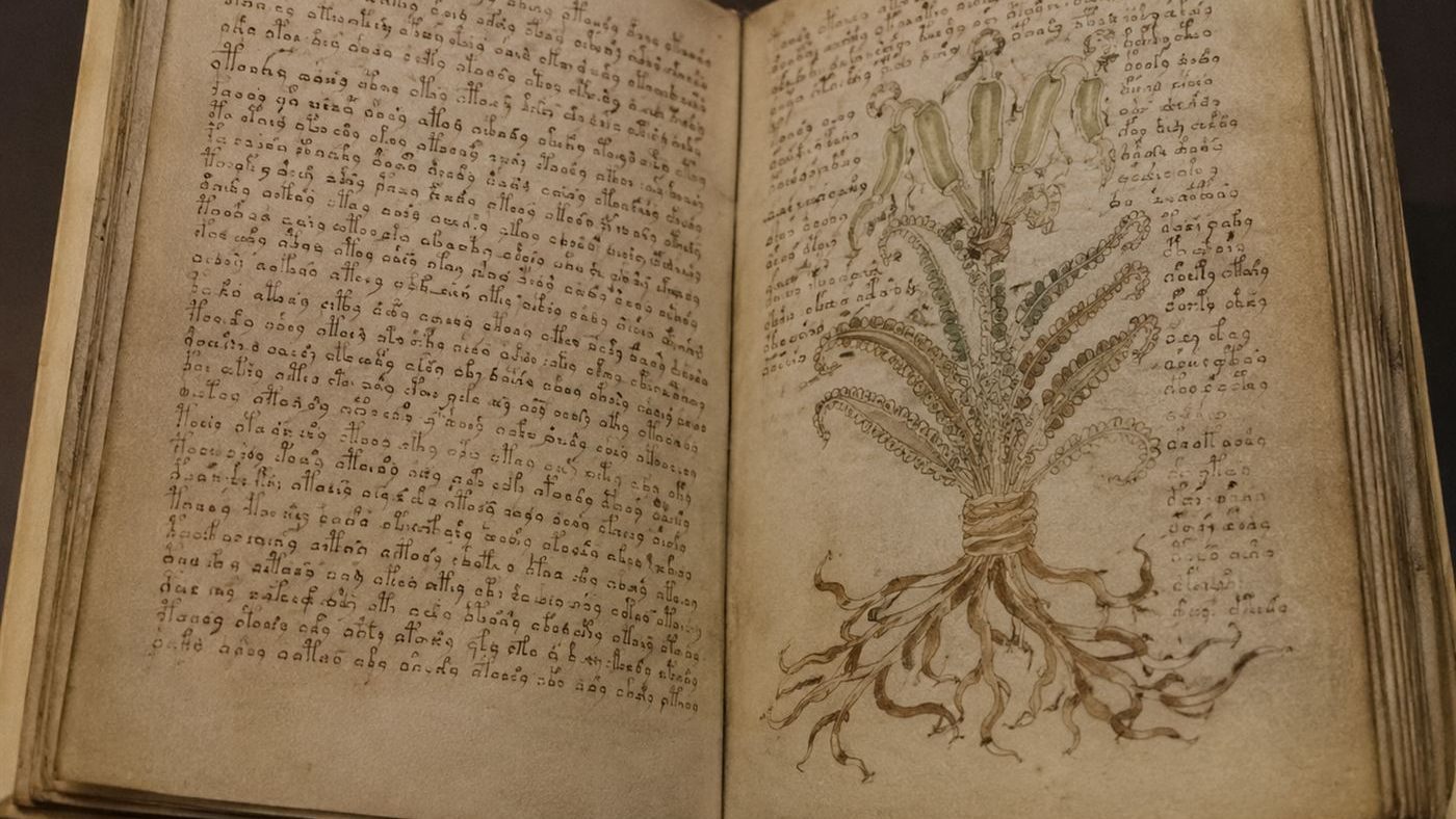 An open page of the Voynich manuscript covered in unknown handwriting and a strange plant drawing, the book no one can read