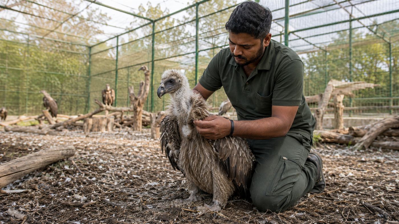 A conservation worker tending a young vulture inside a captive breeding centre aviary in India
