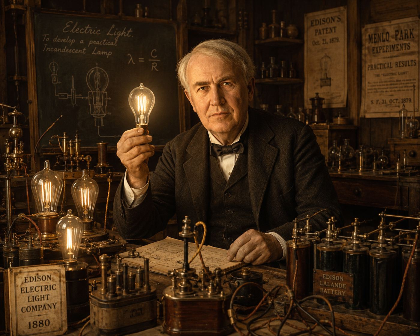 War of Currents Thomas Edison laboratory 1880s, inventor surrounded by light bulbs batteries and electrical wires in a Victorian-era workshop