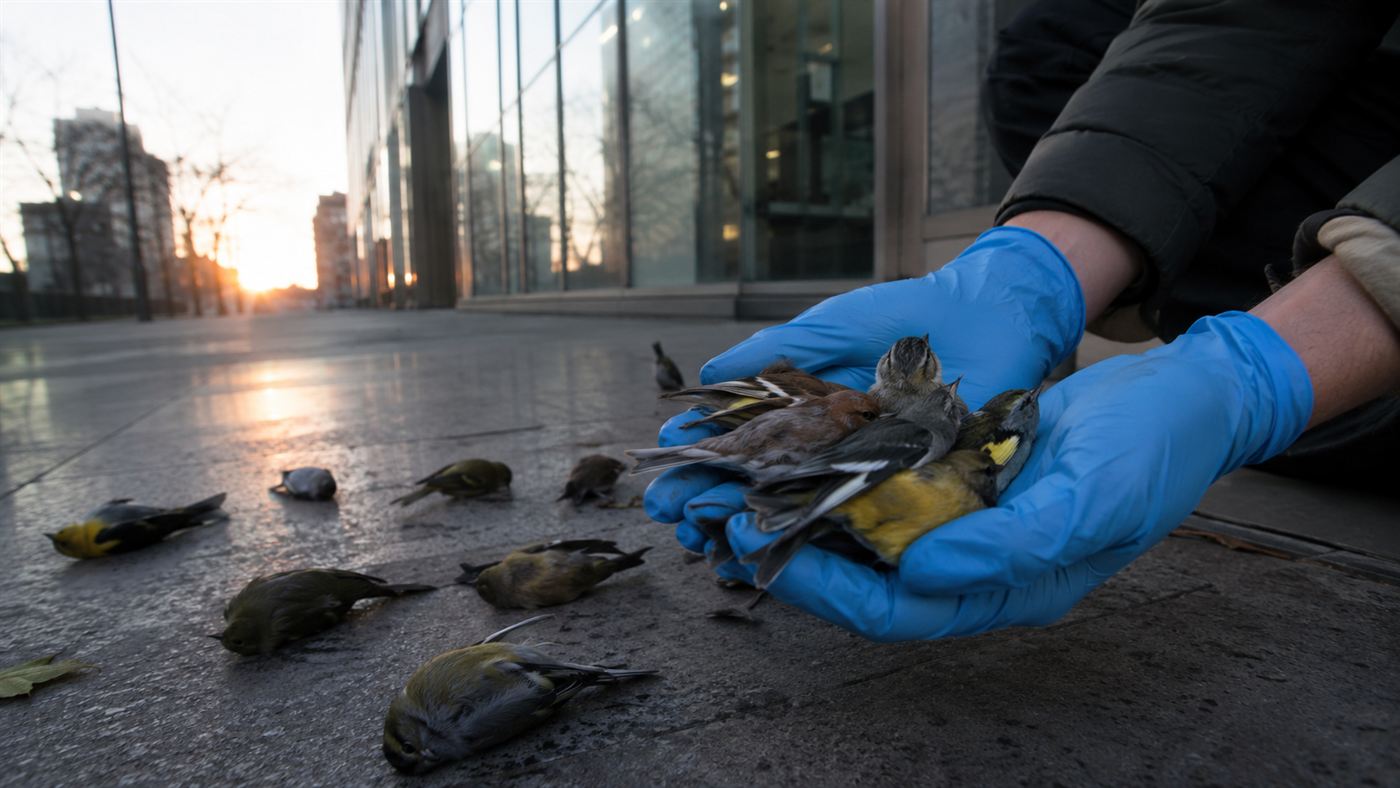 A volunteer gently gathering several small migratory songbirds killed by bird collisions on a city sidewalk at dawn