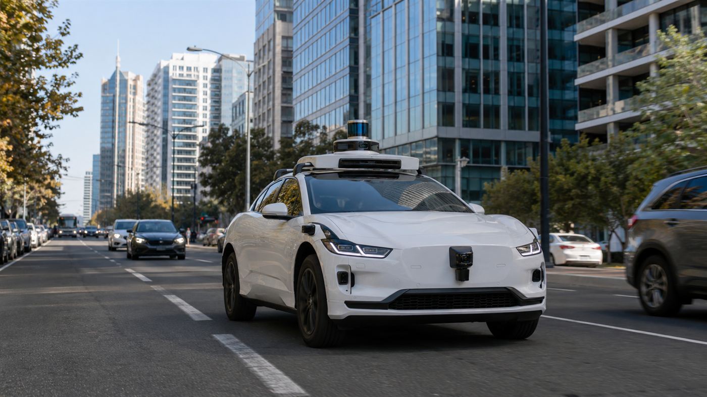A white self-driving robotaxi with roof sensors driving on a city street with no driver