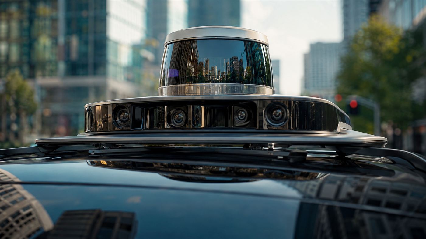 Close-up of the spinning laser scanner and camera sensors mounted on the roof of a self-driving robotaxi