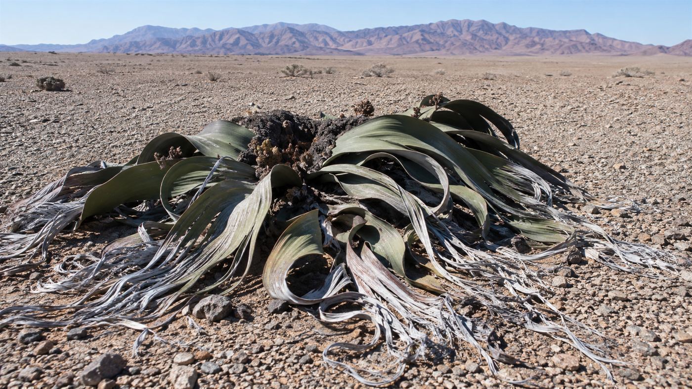 A Welwitschia plant in the Namib desert, a low mass of long frayed strap-like leaves on bare gravel