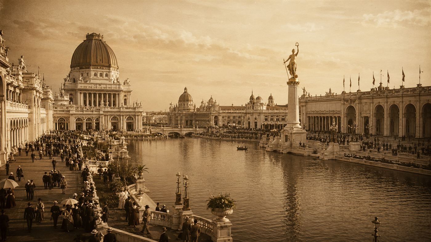 The White City of the 1893 World's Fair, grand white neoclassical palaces around a long reflecting basin with a golden statue, crowds strolling